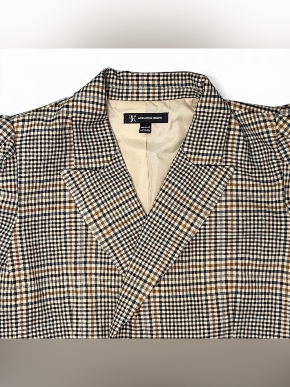 INC International Concepts Cropped Plaid Blazer in Black and Tan - Picture 2 of 8